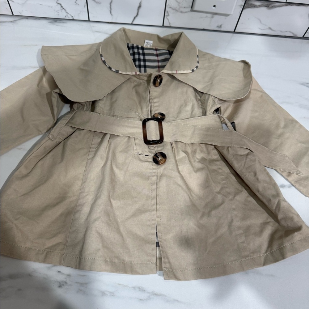 Beige Toddler Girl Trench Coat with Belt and Plaid Lining